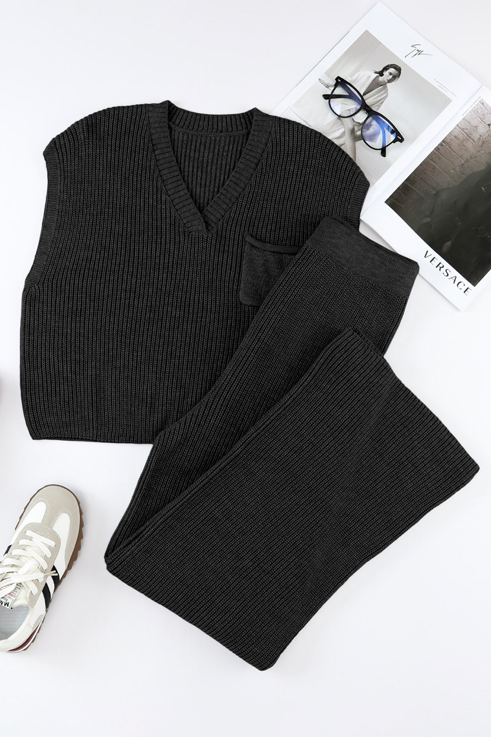 Black Knitted V Neck Sweater and Casual Pants Set - Premium Loungewear from Momma Done Gone Crafty- Just $82.26! Shop now at Momma Done Gone Crafty