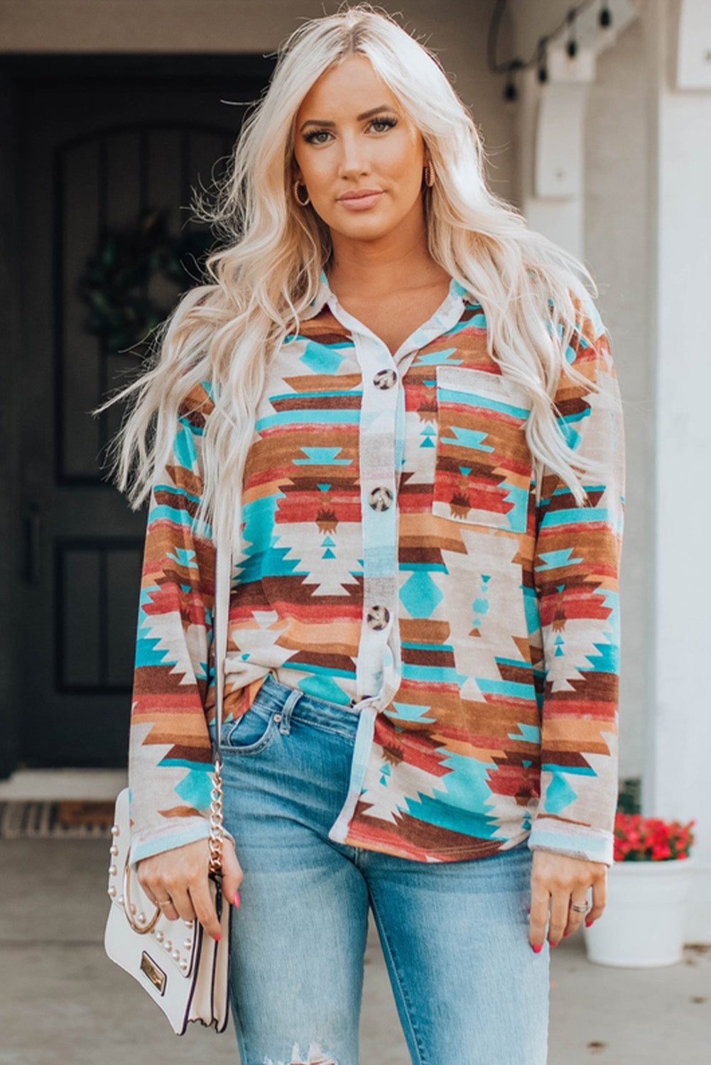 Multicolor Aztec Print Buttoned Pocket Chest Long Sleeve Shirt - Premium Tops/Blouses & Shirts from Momma Done Gone Crafty- Just $33.99! Shop now at Momma Done Gone Crafty