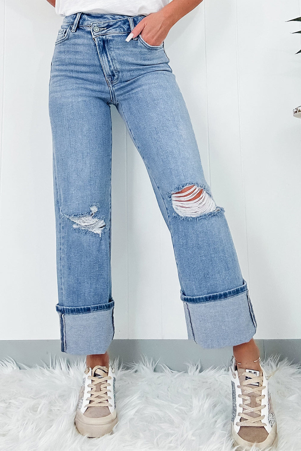 Dusk Blue High Rise Asymmetric Button Zip Fly Ripped Jeans - Premium Bottoms/Jeans from Momma Done Gone Crafty- Just $66.99! Shop now at Momma Done Gone Crafty