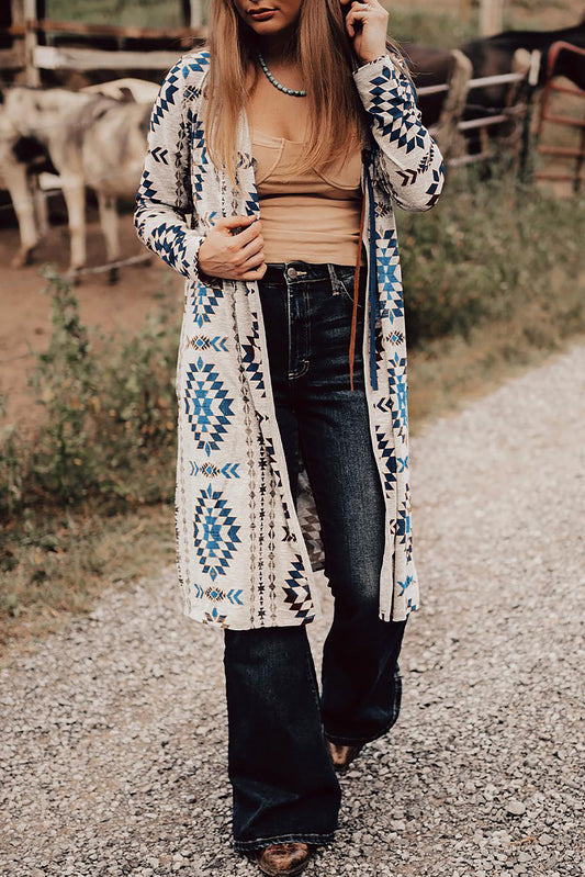 Sky Blue Western Aztec Printed Open Front Long Cardigan - Premium Sweaters & Cardigans/Cardigans from Momma Done Gone Crafty- Just $26.99! Shop now at Momma Done Gone Crafty