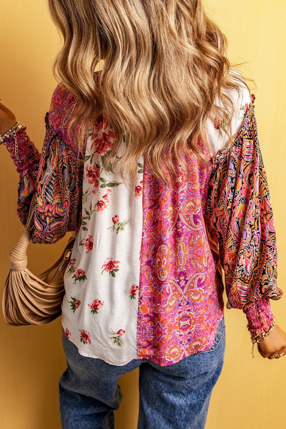 Multicolor Floral Patchwork Shirred Cuff Buttoned V Neck Blouse - Premium Tops from Momma Done Gone Crafty- Just $41.94! Shop now at Momma Done Gone Crafty