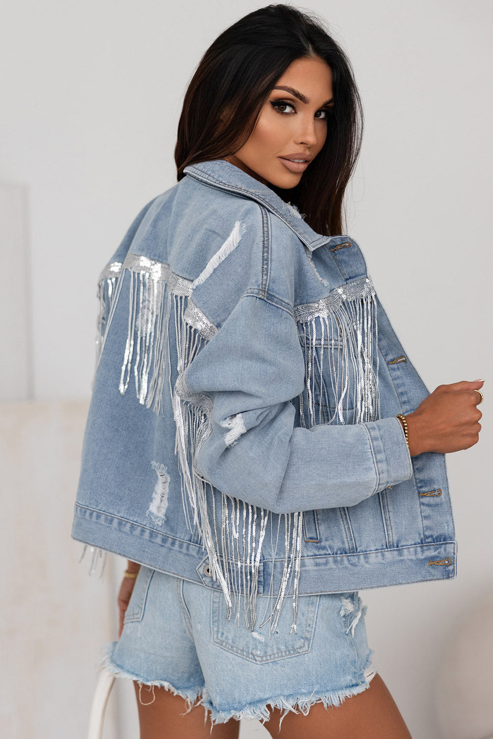 Sky Blue Sequin Embellished Fringe Distressed Denim Jacket - Premium Outerwear from Momma Done Gone Crafty- Just $52.80! Shop now at Momma Done Gone Crafty