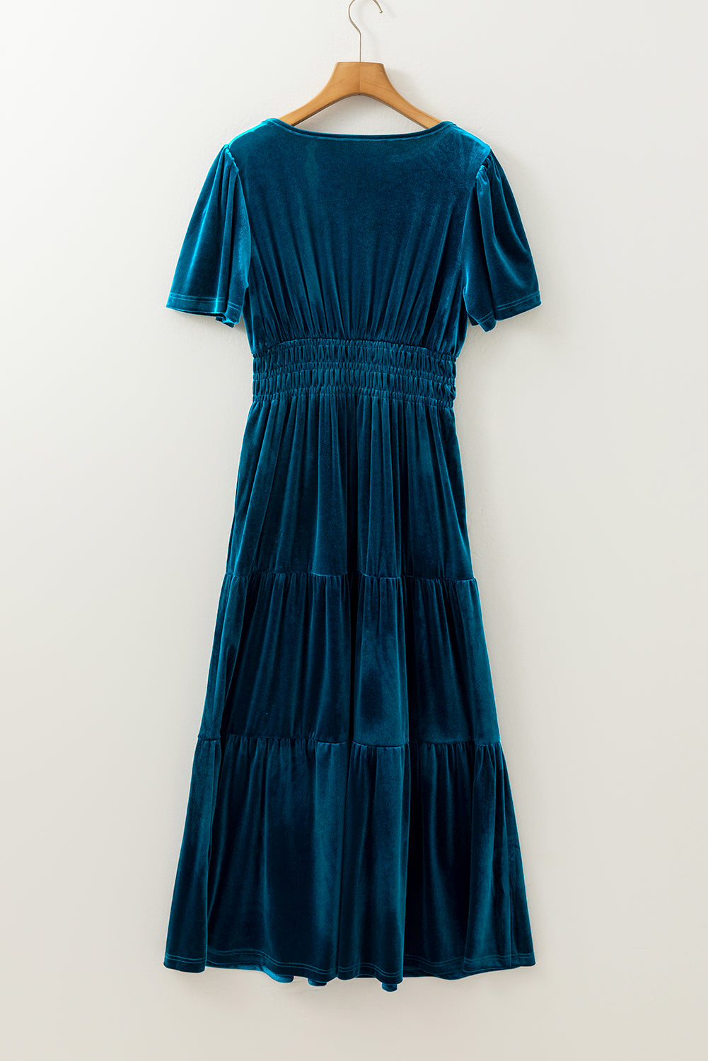 Prussian Blue Velvet Short Sleeve Shirred Waist Tiered Maxi Dress - Premium Dresses/Maxi Dresses from Momma Done Gone Crafty- Just $52.99! Shop now at Momma Done Gone Crafty