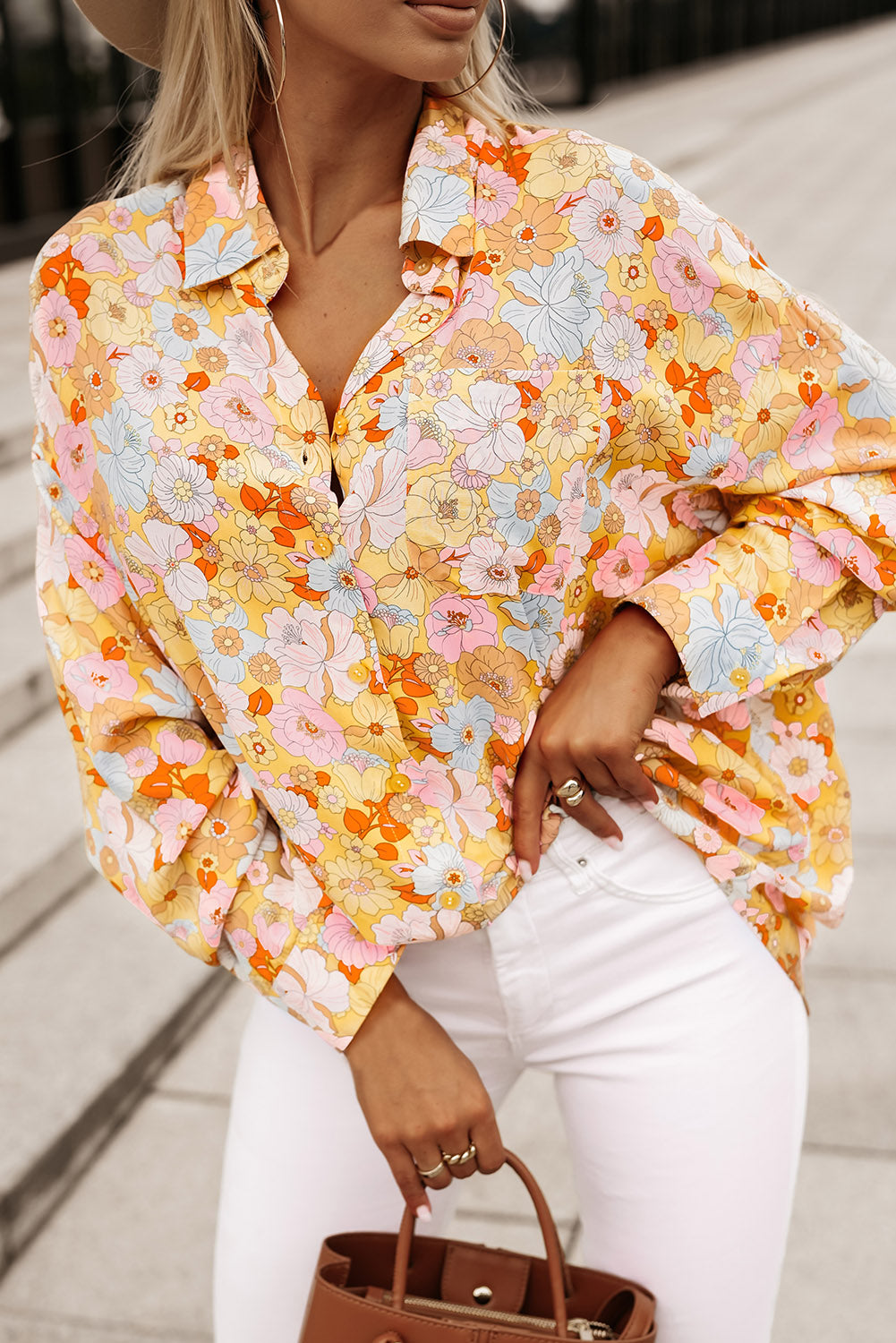 Yellow Floral Print Turn Down Collar Loose Shirt - Premium Tops from Momma Done Gone Crafty- Just $40.20! Shop now at Momma Done Gone Crafty