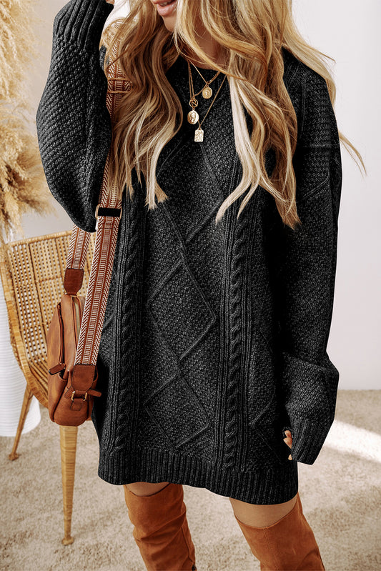 Black Cable Knit Drop Shoulder Loose Fit Sweater Dress - Premium Sweaters & Cardigans/Sweater Dresses from Momma Done Gone Crafty- Just $35.85! Shop now at Momma Done Gone Crafty