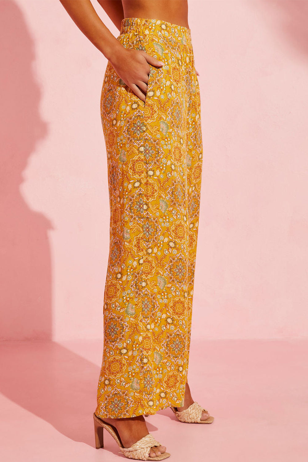 Yellow Bohemian Floral Print Pocketed Wide Leg Pants - Premium Bottoms from Momma Done Gone Crafty- Just $52.86! Shop now at Momma Done Gone Crafty