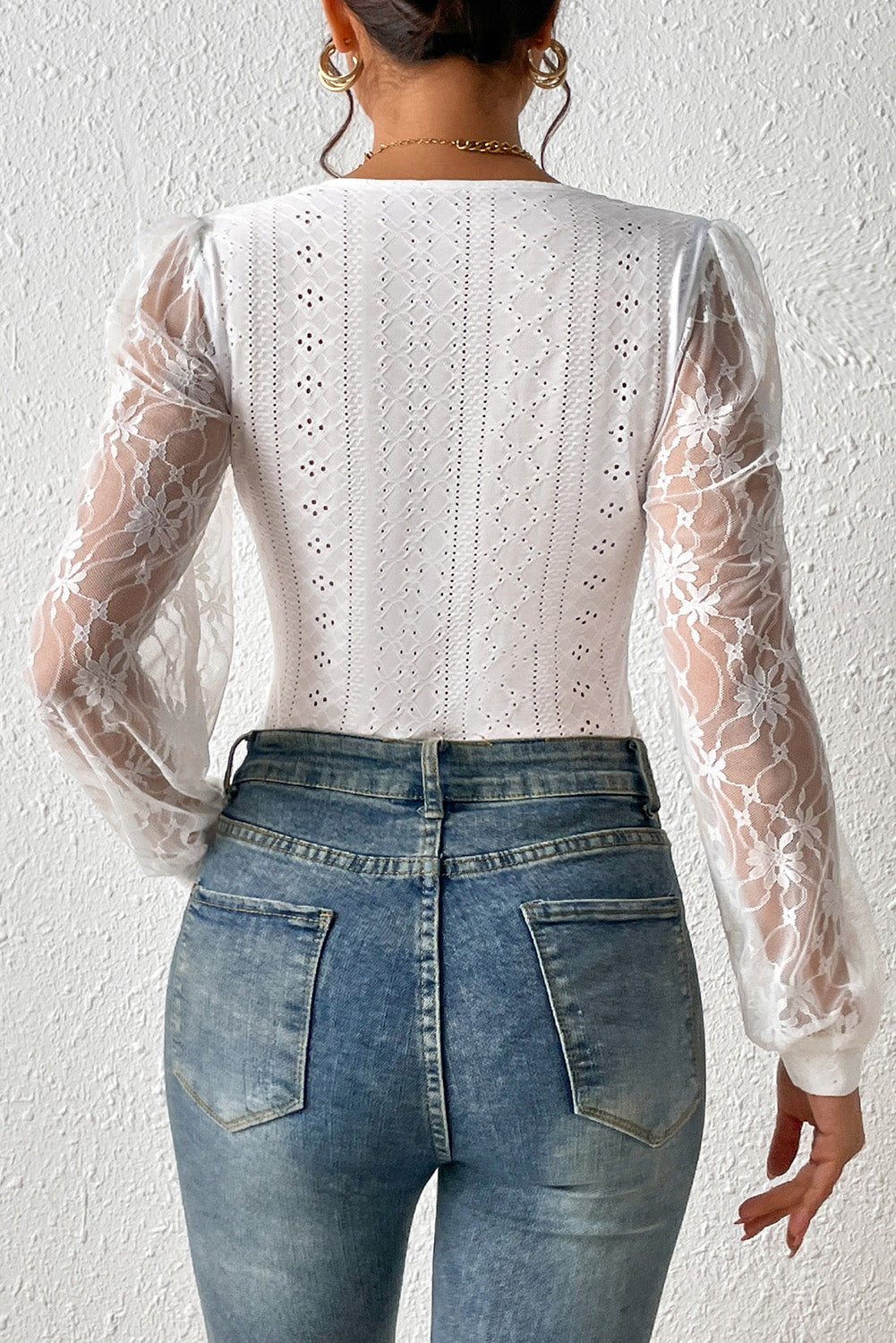 White Frenchy Contrast Lace Bishop Sleeve Bodysuit - Premium Tops from Momma Done Gone Crafty- Just $58.62! Shop now at Momma Done Gone Crafty