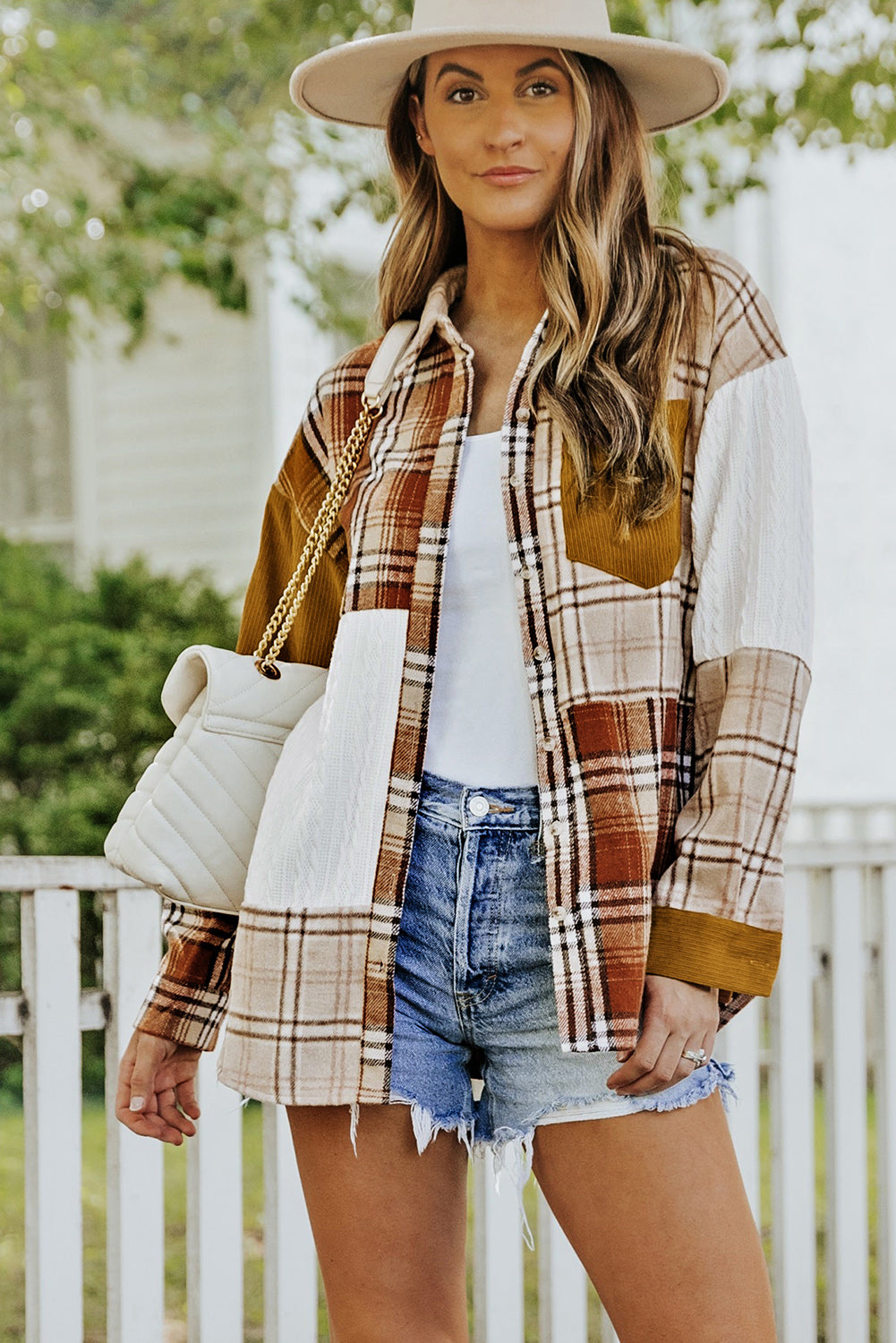 Orange Plaid Color Block Patchwork Shirt Jacket with Pocket - Premium Outerwear from Momma Done Gone Crafty- Just $32.40! Shop now at Momma Done Gone Crafty