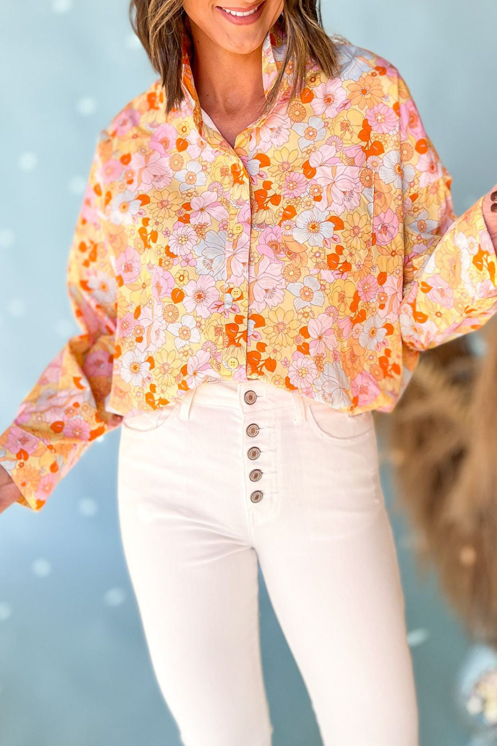 Yellow Floral Print Turn Down Collar Loose Shirt - Premium Tops from Momma Done Gone Crafty- Just $40.20! Shop now at Momma Done Gone Crafty