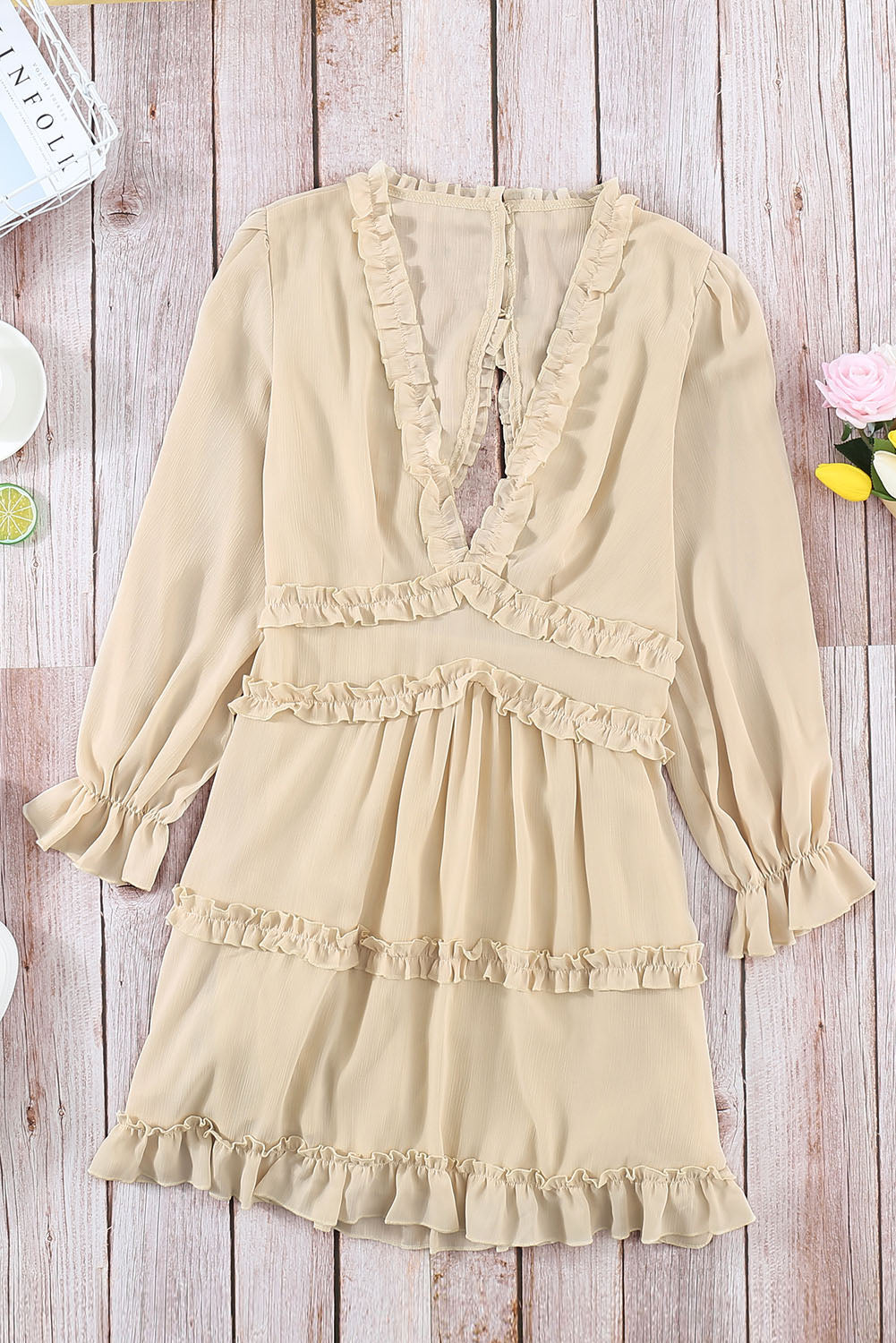 Beige V Neck Ruffle Detailing Open Back Dress - Premium Dresses/Mini Dresses from Momma Done Gone Crafty- Just $40.50! Shop now at Momma Done Gone Crafty