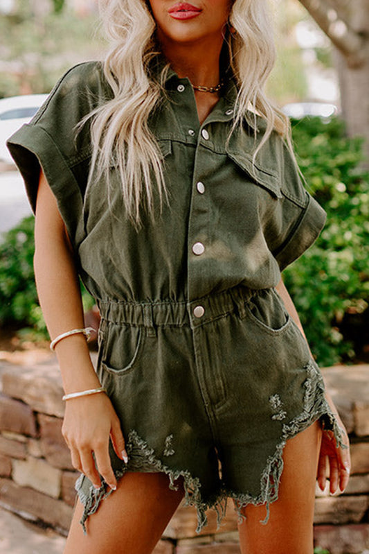 Moss Green Distressed Frayed Denim Romper - Premium Bottoms/Jumpsuits & Rompers from Momma Done Gone Crafty- Just $45.99! Shop now at Momma Done Gone Crafty