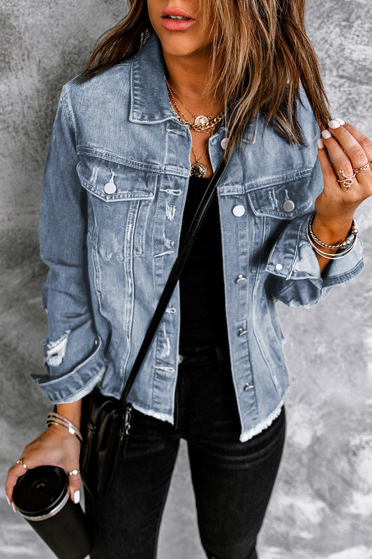 Sky Blue Lapel Distressed Raw Hem Buttons Denim Jacket - Premium Outerwear from Momma Done Gone Crafty- Just $44.00! Shop now at Momma Done Gone Crafty