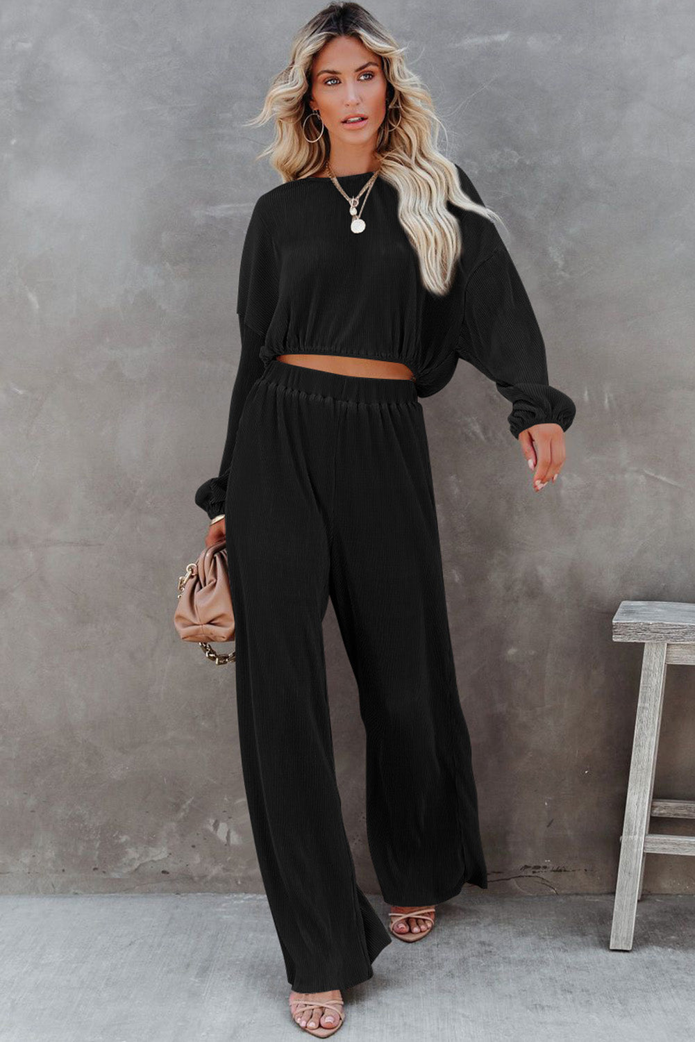 Black Corded Cropped Pullover and Wide Leg Pants Set - Premium Loungewear from Momma Done Gone Crafty- Just $65.94! Shop now at Momma Done Gone Crafty