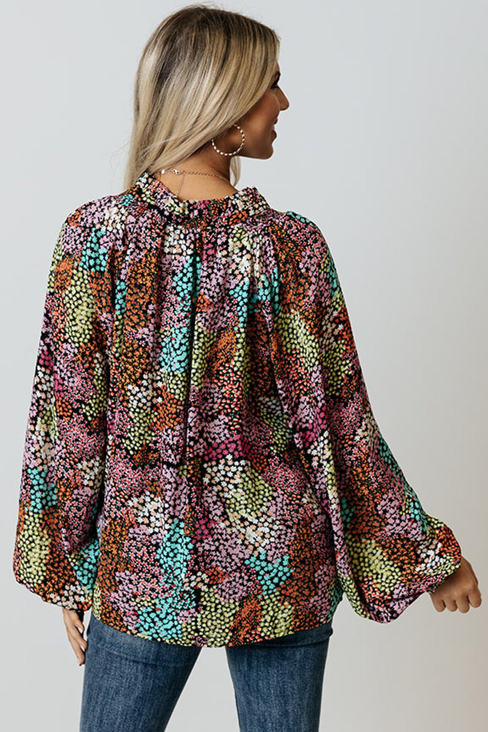 Multicolor Vibrant Floral Tie V Neck Puff Sleeve Blouse - Premium Tops from Momma Done Gone Crafty- Just $34.00! Shop now at Momma Done Gone Crafty