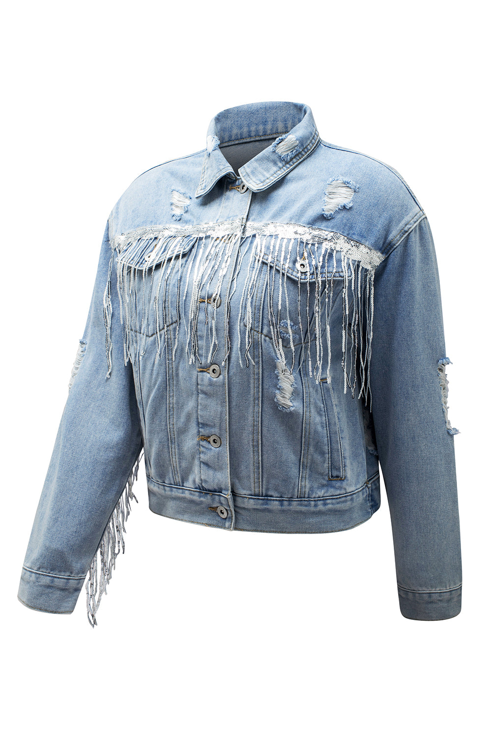 Sky Blue Sequin Embellished Fringe Distressed Denim Jacket - Premium Outerwear from Momma Done Gone Crafty- Just $52.80! Shop now at Momma Done Gone Crafty