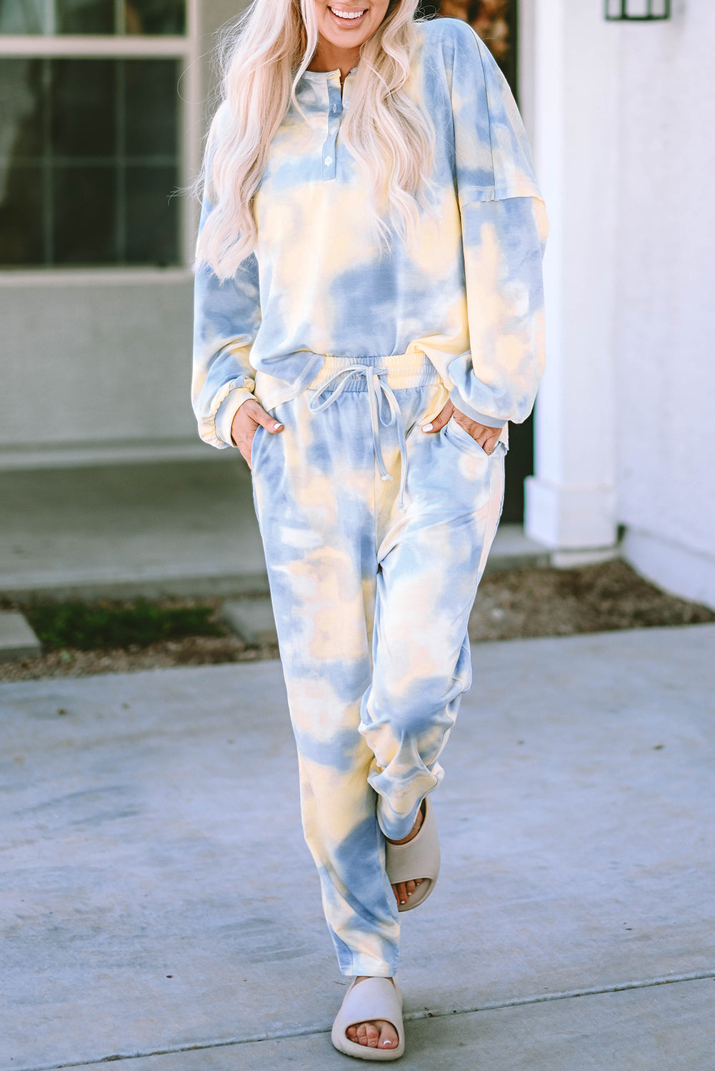 Multicolor Tie Dye Henley Top and Drawstring Pants Outfit - Premium Loungewear from Momma Done Gone Crafty- Just $39.99! Shop now at Momma Done Gone Crafty