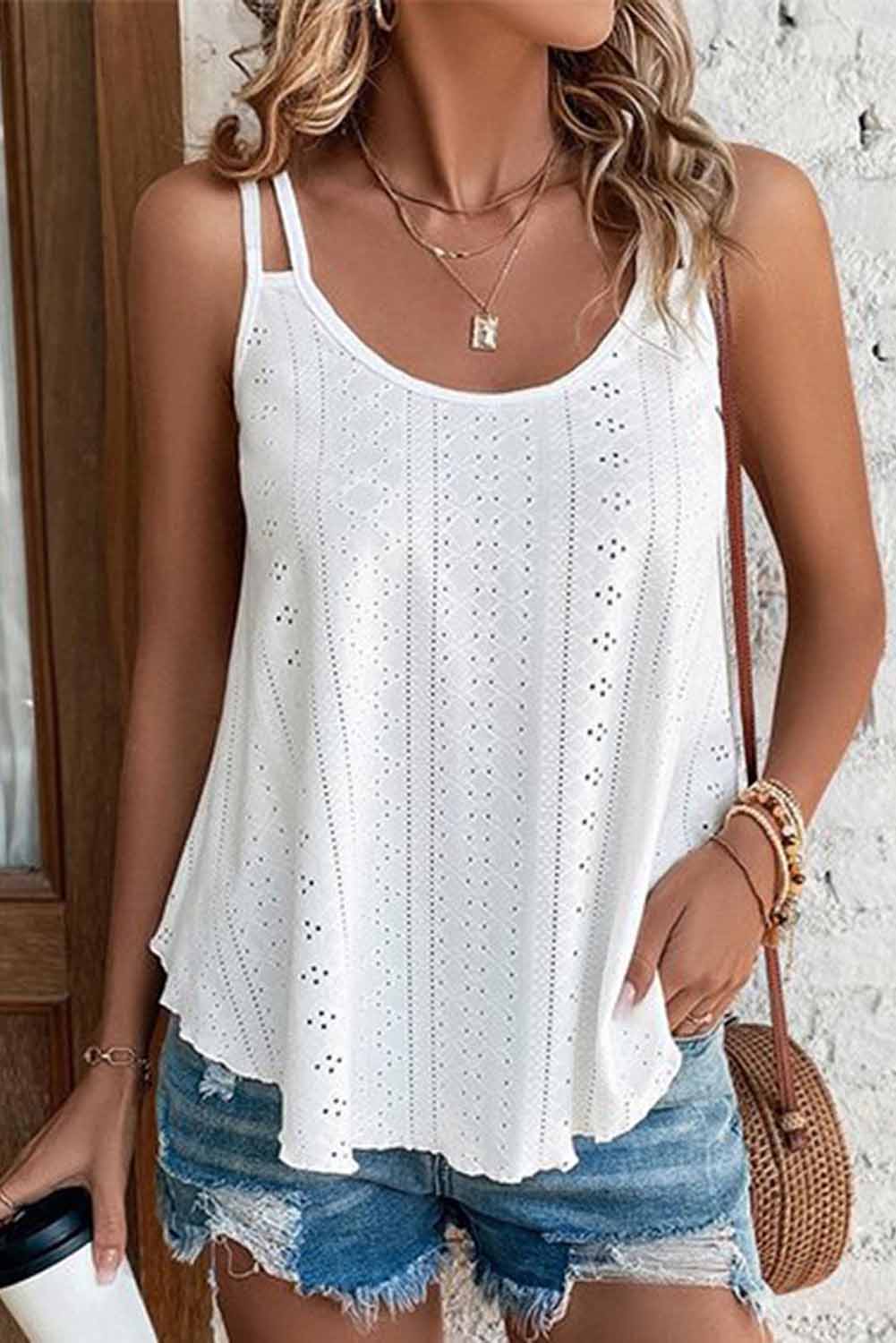 White Eyelet Strappy Scoop-Neck Tank Top - Premium Tops from Momma Done Gone Crafty- Just $12.00! Shop now at Momma Done Gone Crafty