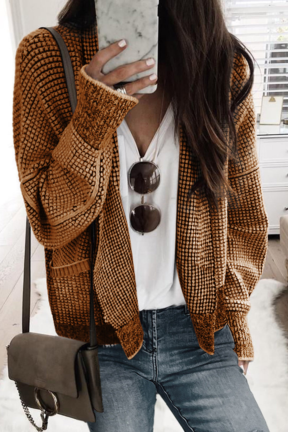 Brown Chunky Waffle Knit Oversized Collar Cardigan - Premium Tops from Momma Done Gone Crafty- Just $47.70! Shop now at Momma Done Gone Crafty