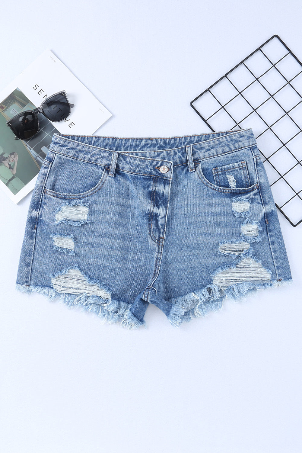 Sky Blue High Rise Crossover Waist Denim Shorts - Premium Bottoms from Momma Done Gone Crafty- Just $26.00! Shop now at Momma Done Gone Crafty