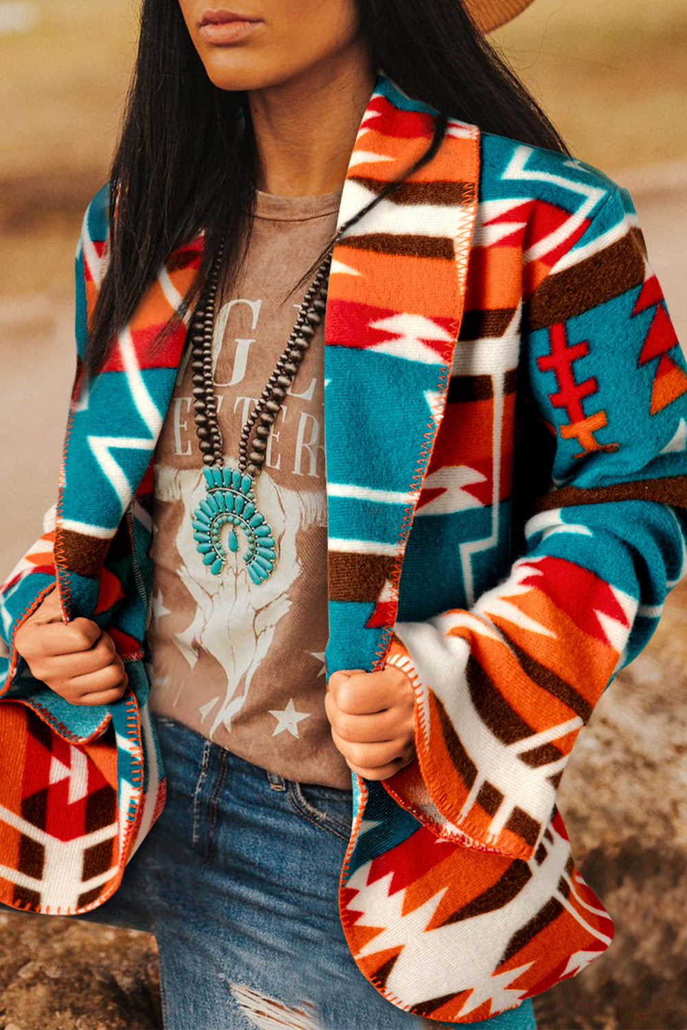 Sky Blue Aztec Printed Lapel Bell Sleeve Jacket - Premium Outerwear/Jackets from Momma Done Gone Crafty- Just $37.99! Shop now at Momma Done Gone Crafty