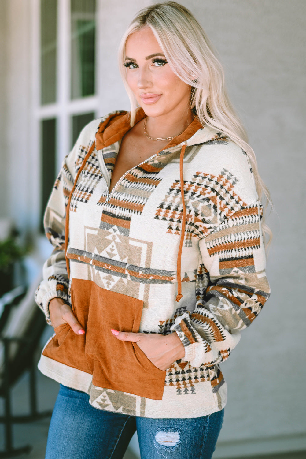 Beige Aztec Print Kangaroo Pocket Half-Zip Hoodie - Premium Tops from Momma Done Gone Crafty- Just $51.46! Shop now at Momma Done Gone Crafty