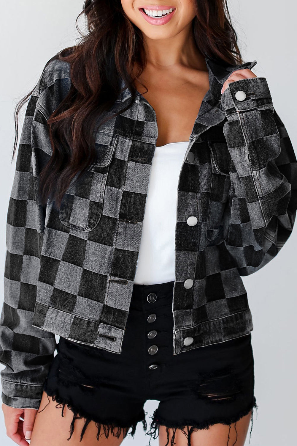 Black Checkered Patchwork Button up Denim Jacket - Premium Outerwear/Denim jackets from Momma Done Gone Crafty- Just $37.11! Shop now at Momma Done Gone Crafty