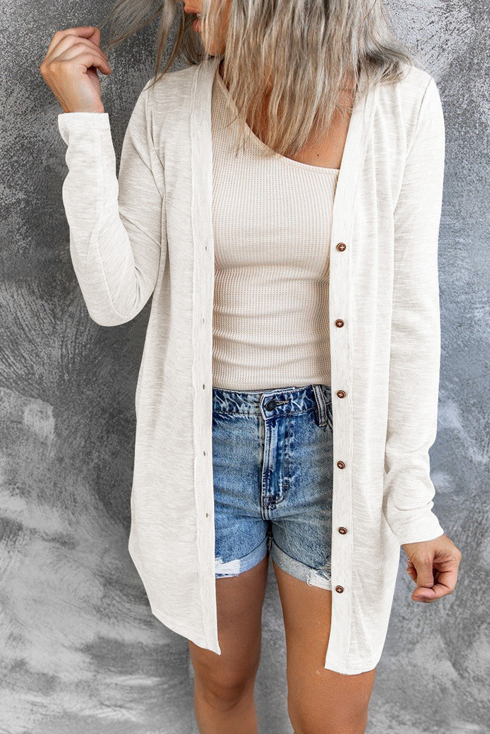 White Solid Color Open-Front Buttons Cardigan - Premium Tops from Momma Done Gone Crafty- Just $19.80! Shop now at Momma Done Gone Crafty