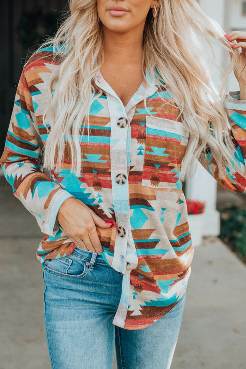 Multicolor Aztec Print Buttoned Pocket Chest Long Sleeve Shirt - Premium Tops/Blouses & Shirts from Momma Done Gone Crafty- Just $33.99! Shop now at Momma Done Gone Crafty