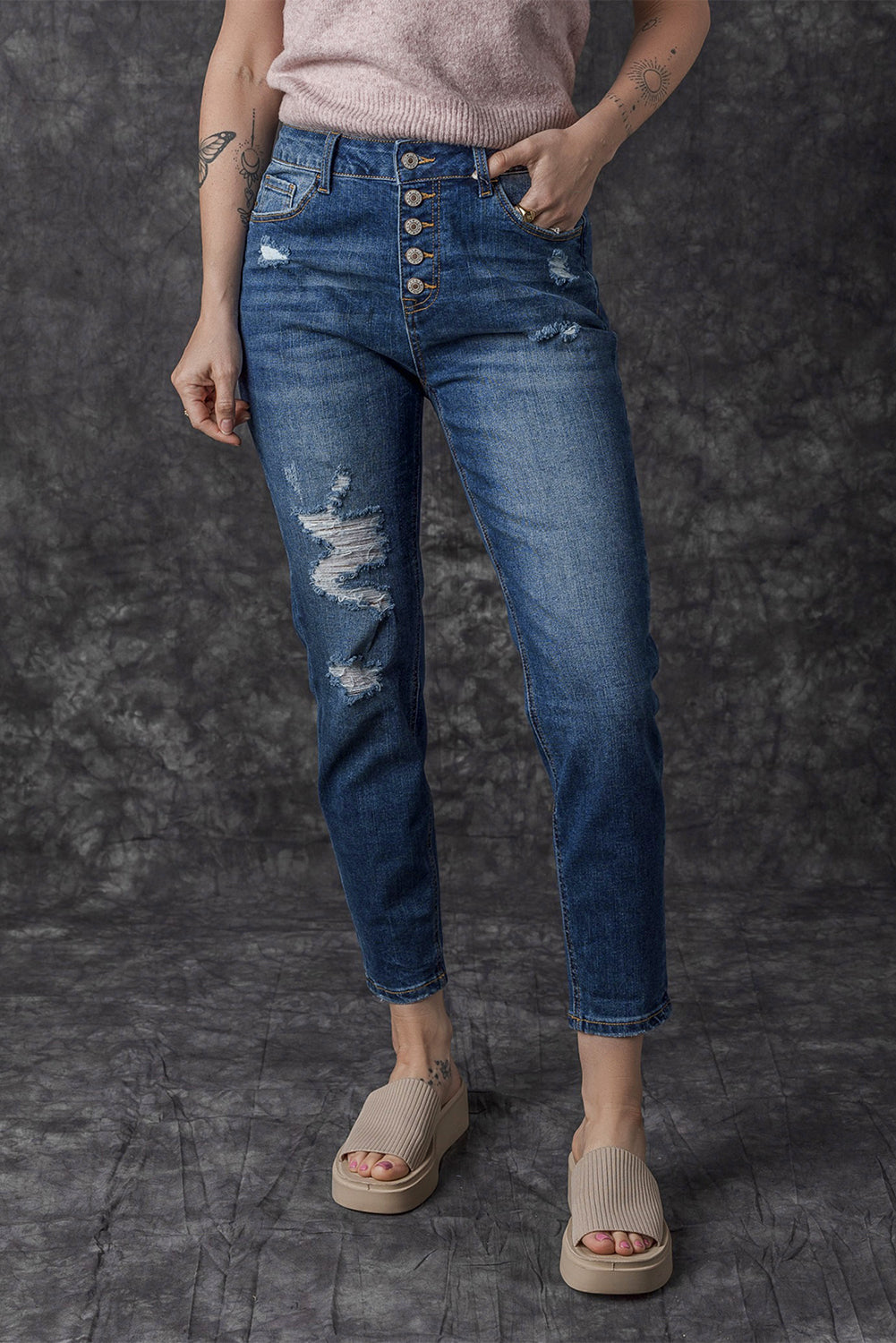 Blue Distressed Button Fly High Waist Skinny Jeans - Premium Bottoms from Momma Done Gone Crafty- Just $35.40! Shop now at Momma Done Gone Crafty