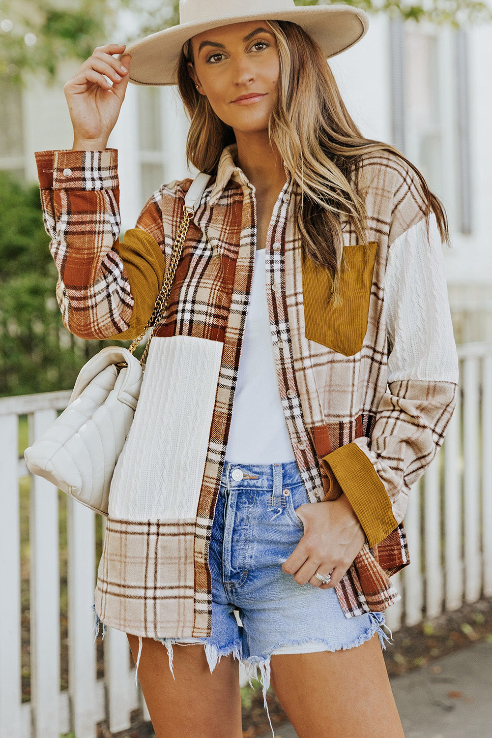 Orange Plaid Color Block Patchwork Shirt Jacket with Pocket - Premium Outerwear from Momma Done Gone Crafty- Just $35.99! Shop now at Momma Done Gone Crafty