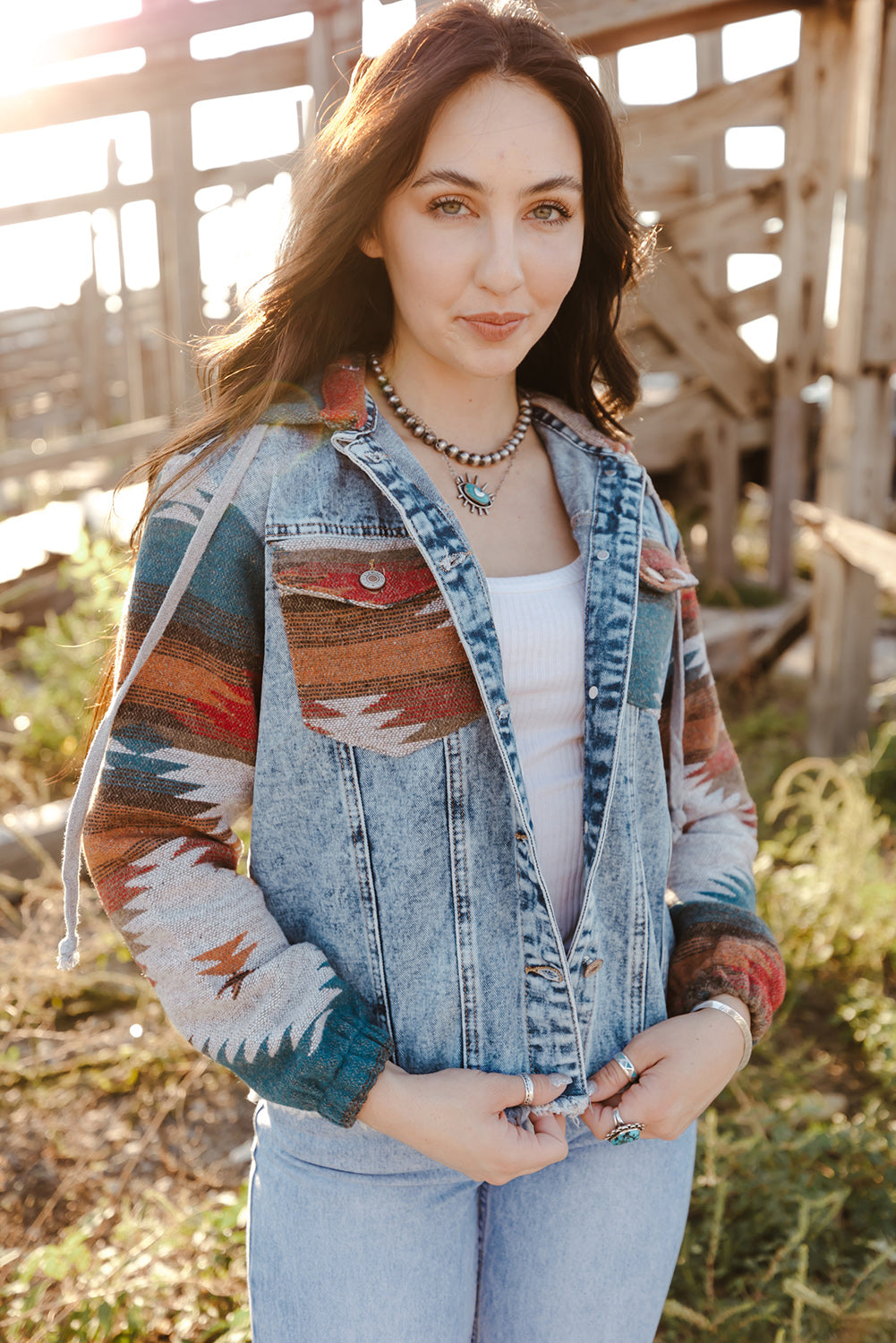 Multicolor Aztec Print Frayed Hem Denim Jacket - Premium Outerwear from Momma Done Gone Crafty- Just $46.00! Shop now at Momma Done Gone Crafty