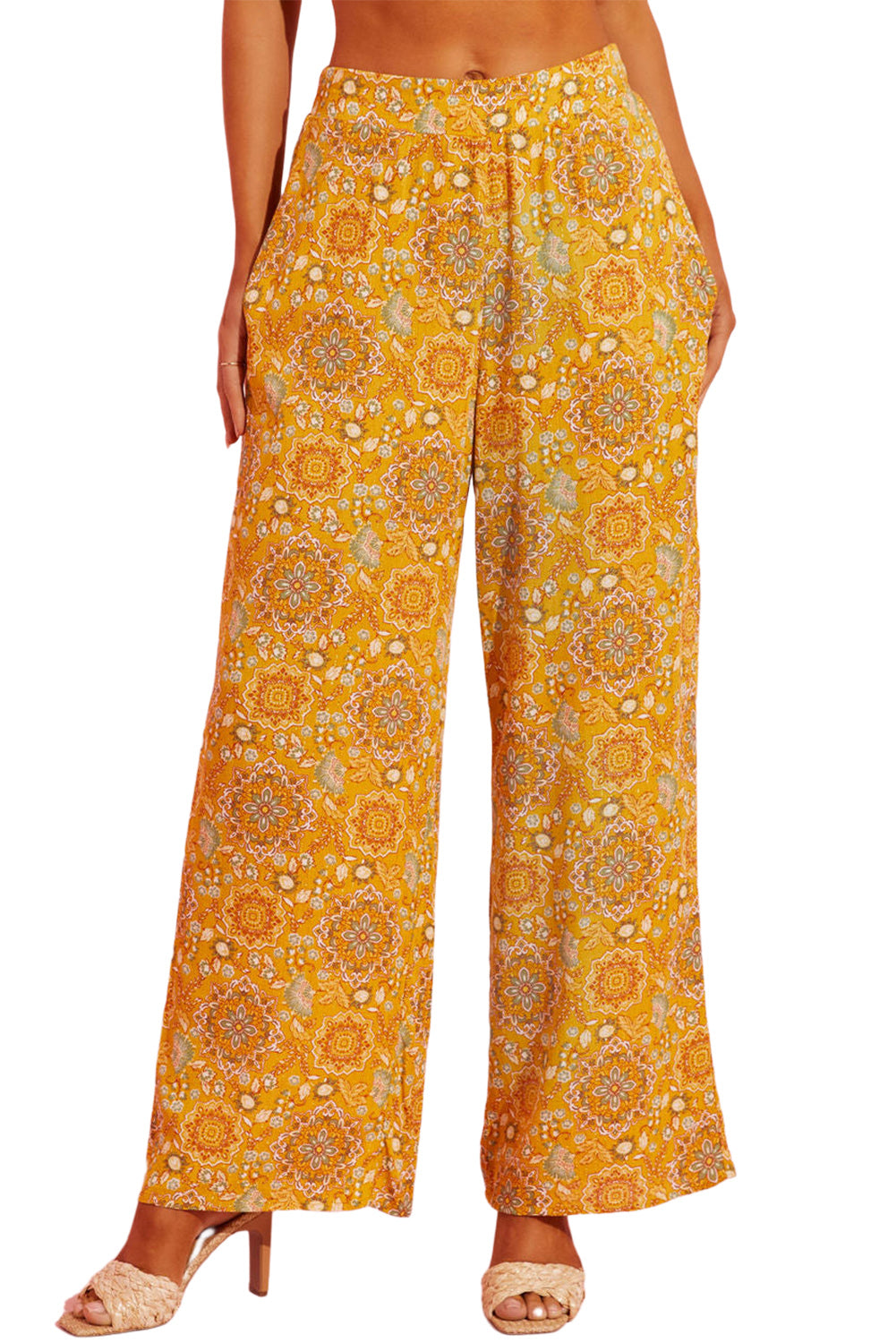 Yellow Bohemian Floral Print Pocketed Wide Leg Pants - Premium Bottoms from Momma Done Gone Crafty- Just $52.86! Shop now at Momma Done Gone Crafty