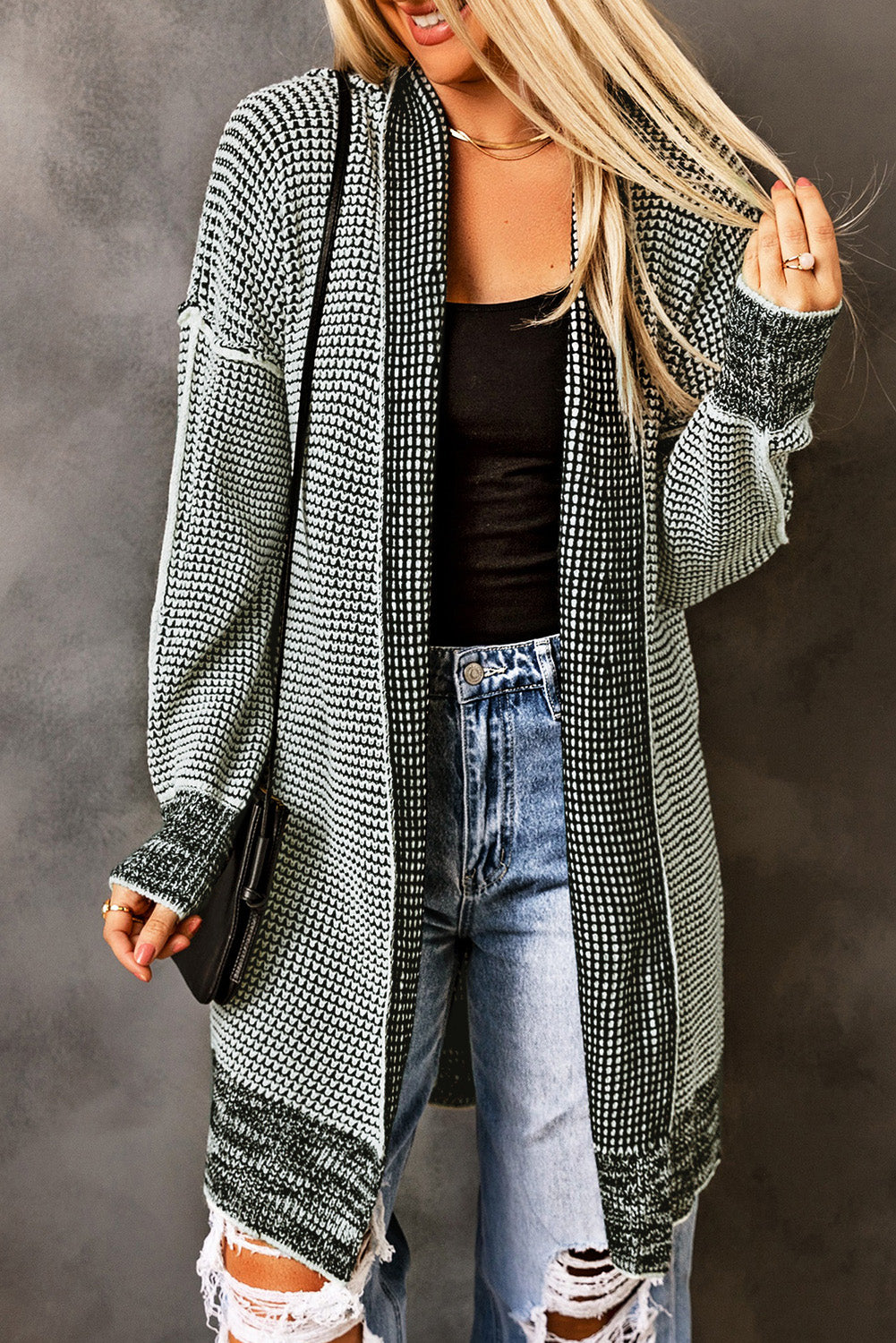 Gray Plaid Knitted Long Open Front Cardigan - Premium Tops from Momma Done Gone Crafty- Just $35.94! Shop now at Momma Done Gone Crafty