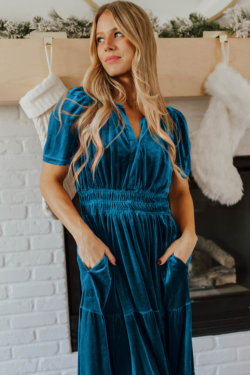 Prussian Blue Velvet Short Sleeve Shirred Waist Tiered Maxi Dress - Premium Dresses/Maxi Dresses from Momma Done Gone Crafty- Just $52.99! Shop now at Momma Done Gone Crafty