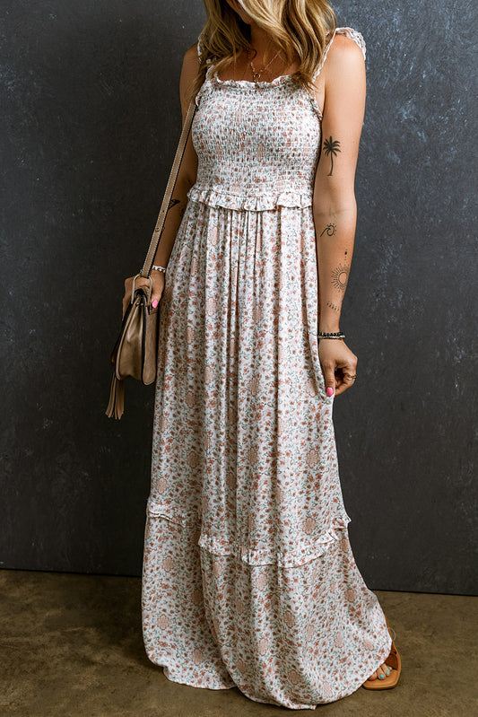 White Lace Frilly Straps Shirred Floral Maxi Dress - Premium Dresses/Maxi Dresses from Momma Done Gone Crafty- Just $52.99! Shop now at Momma Done Gone Crafty