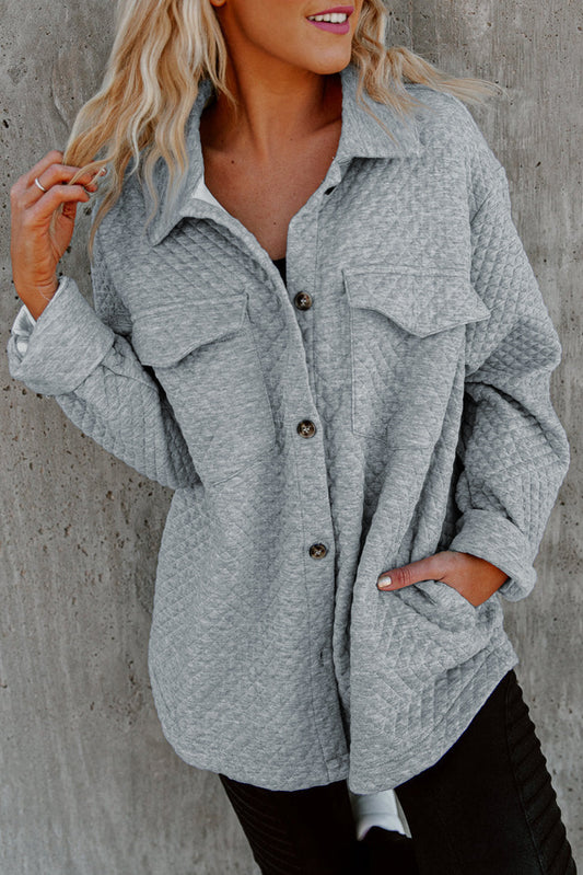 Gray Lattice Texture Retro Flap Pocket Button Shacket - Premium Outerwear from Momma Done Gone Crafty- Just $35.99! Shop now at Momma Done Gone Crafty