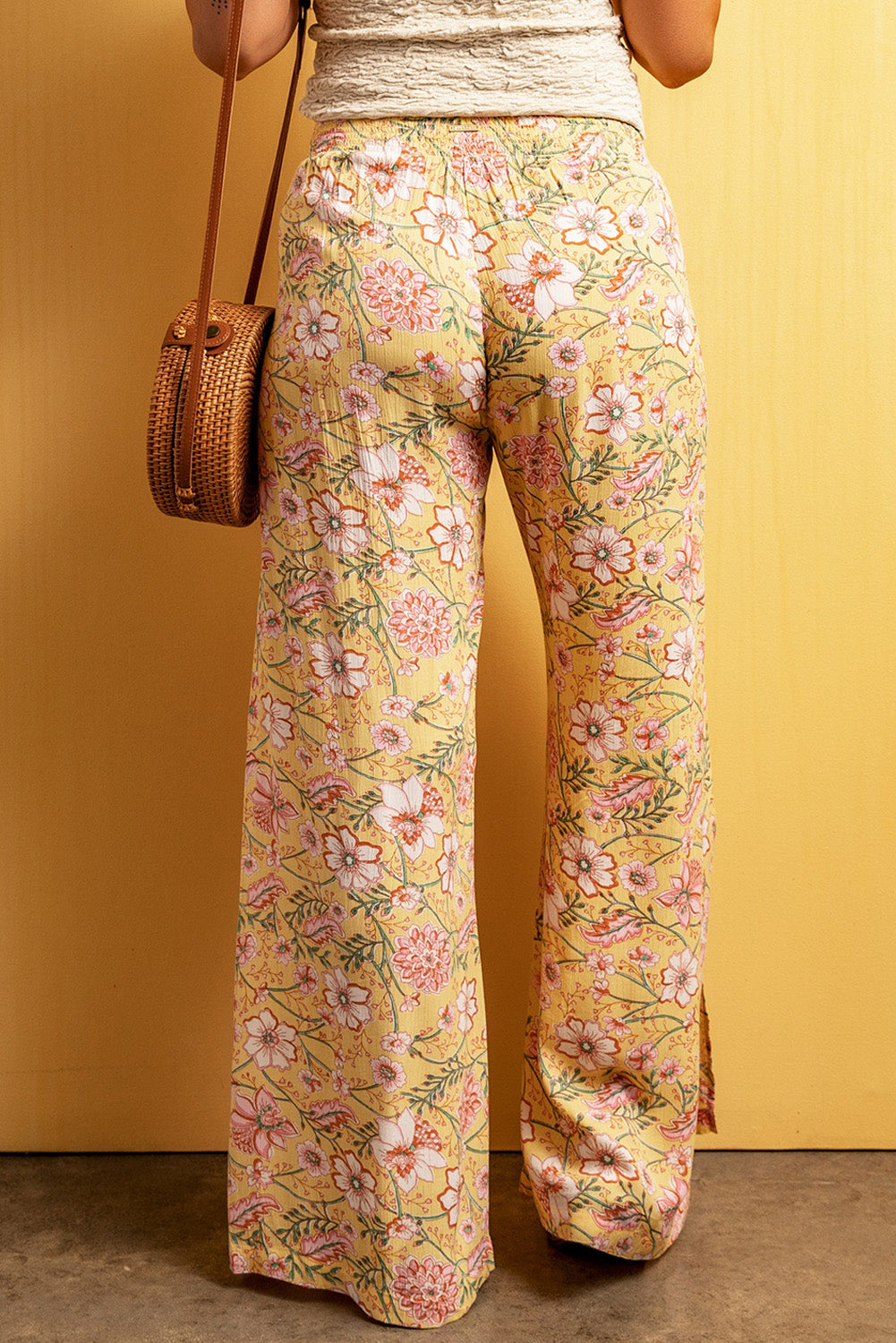 Yellow Floral Print High Slit Wide Leg Pants - Premium Bottoms from Momma Done Gone Crafty- Just $53.25! Shop now at Momma Done Gone Crafty