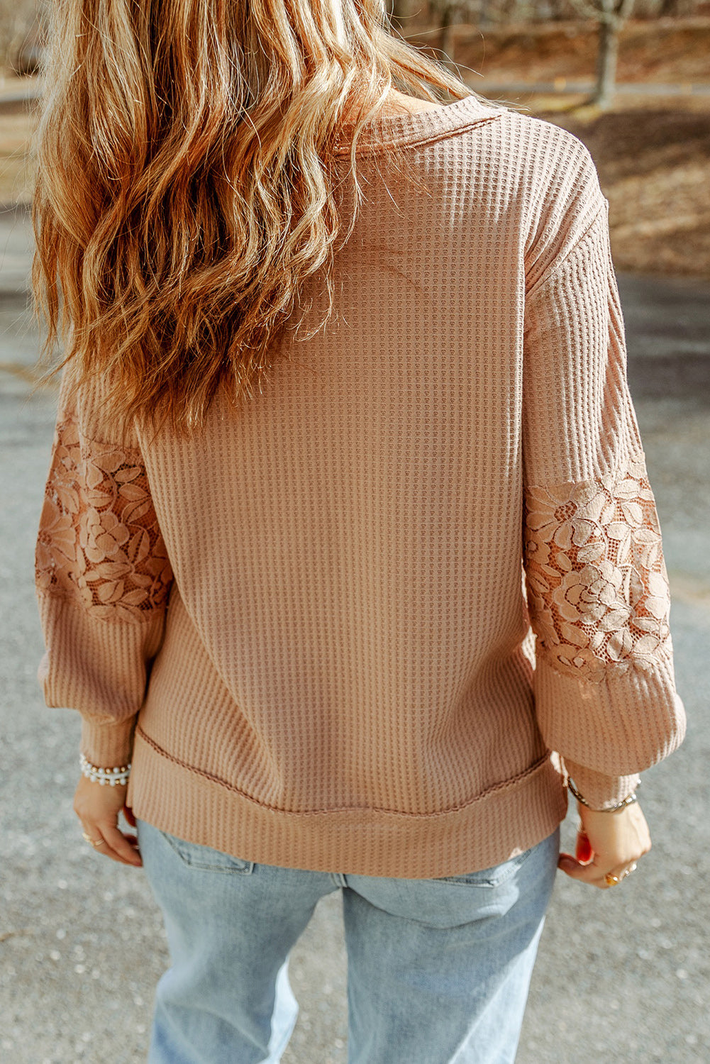 Apricot Lace Waffle Patchwork Strappy V Neck Long Sleeve Top - Premium Tops from Momma Done Gone Crafty- Just $23.10! Shop now at Momma Done Gone Crafty