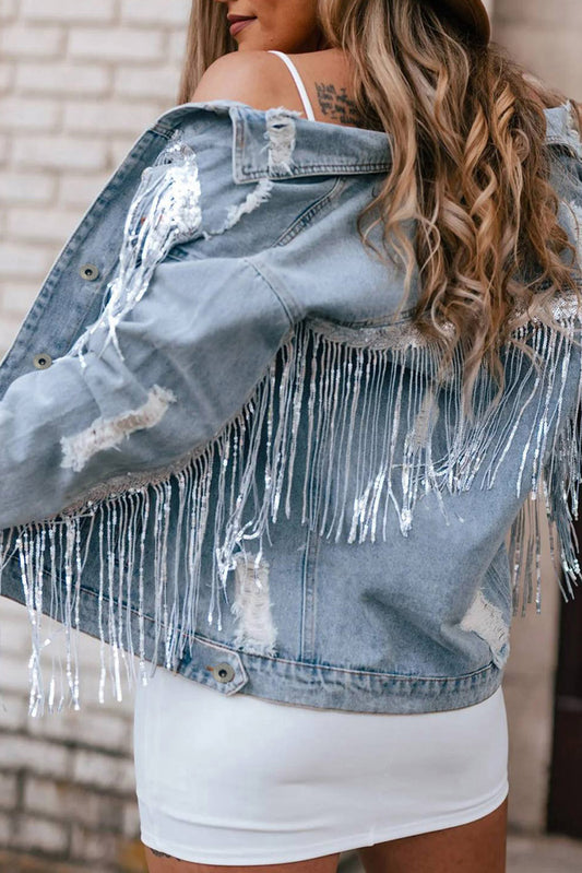 Sky Blue Sequin Embellished Fringe Distressed Denim Jacket - Premium Outerwear from Momma Done Gone Crafty- Just $52.80! Shop now at Momma Done Gone Crafty