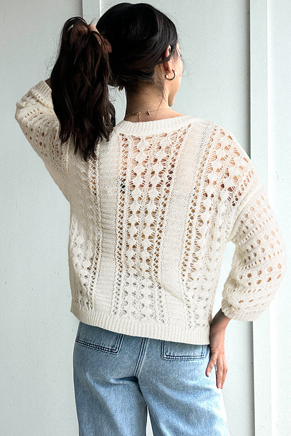 White Hollow Out Knit Bracelet Sleeve Drop Shoulder Sweater - Premium Sweaters & Cardigans/Sweaters from Momma Done Gone Crafty- Just $28.99! Shop now at Momma Done Gone Crafty