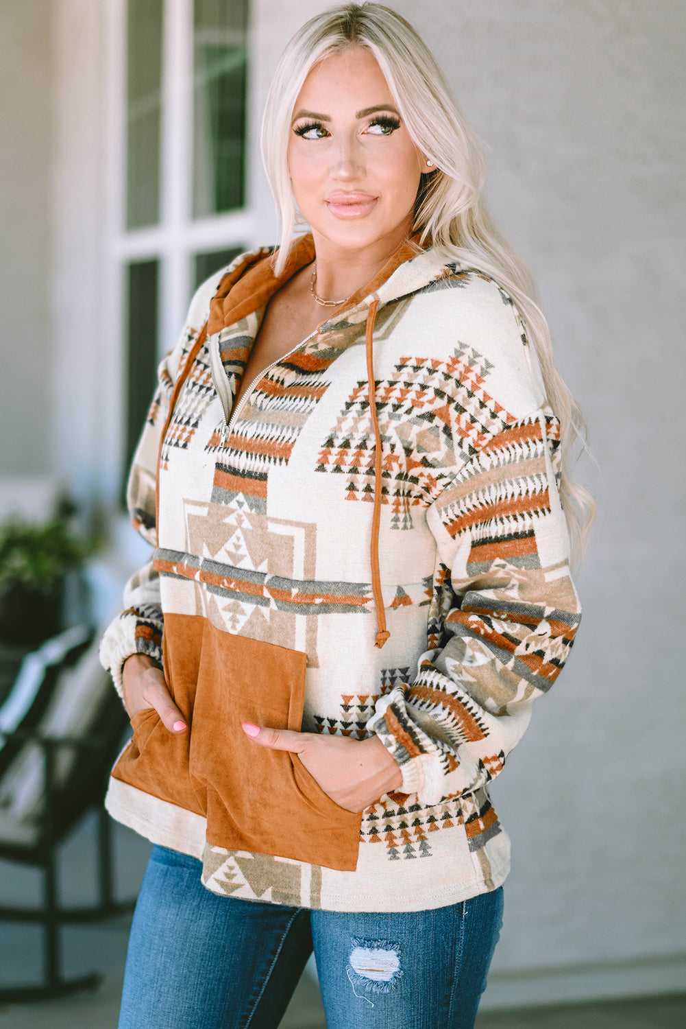 Beige Aztec Print Kangaroo Pocket Half-Zip Hoodie - Premium Tops from Momma Done Gone Crafty- Just $51.46! Shop now at Momma Done Gone Crafty