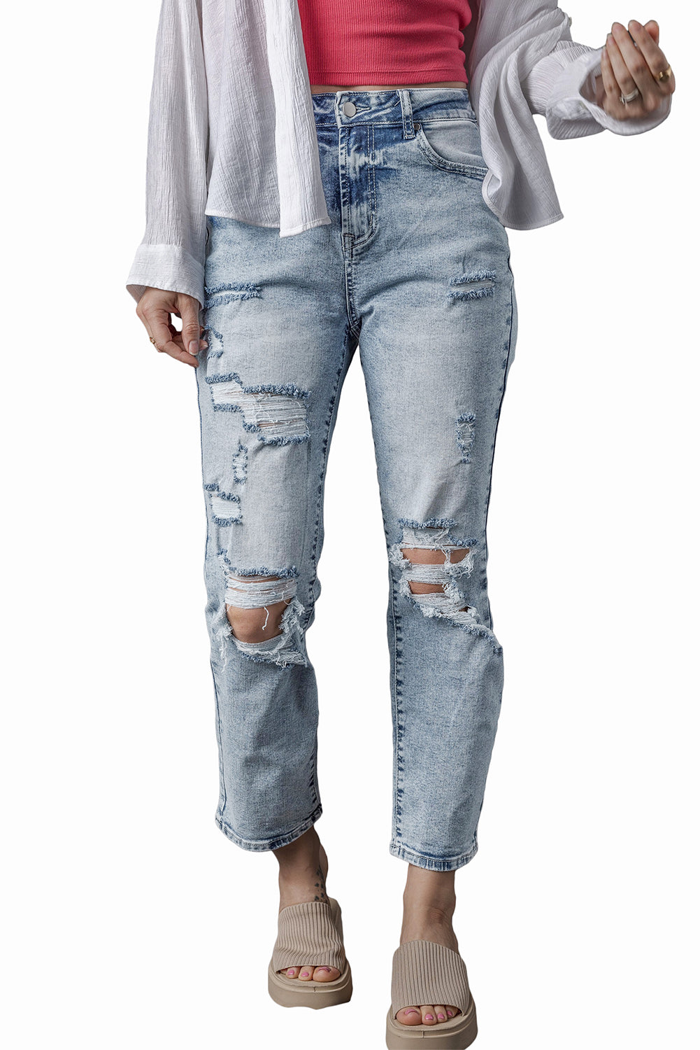 Sky Blue Light Wash Frayed Slim Fit High Waist Jeans - Premium Bottoms from Momma Done Gone Crafty- Just $71.97! Shop now at Momma Done Gone Crafty