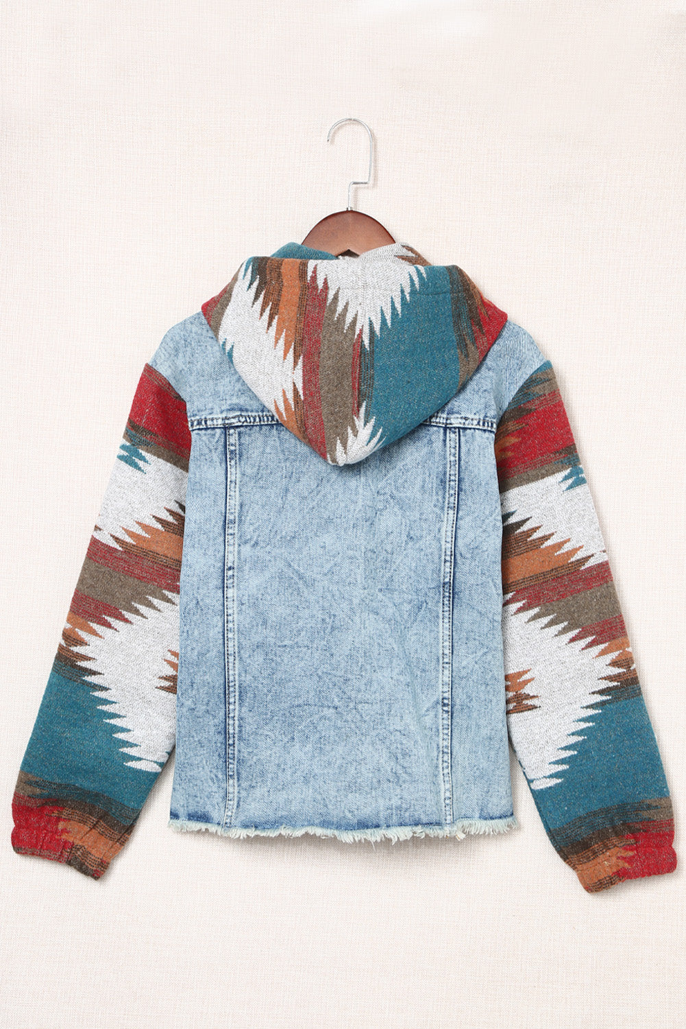 Multicolor Aztec Print Frayed Hem Denim Jacket - Premium Outerwear from Momma Done Gone Crafty- Just $46.00! Shop now at Momma Done Gone Crafty