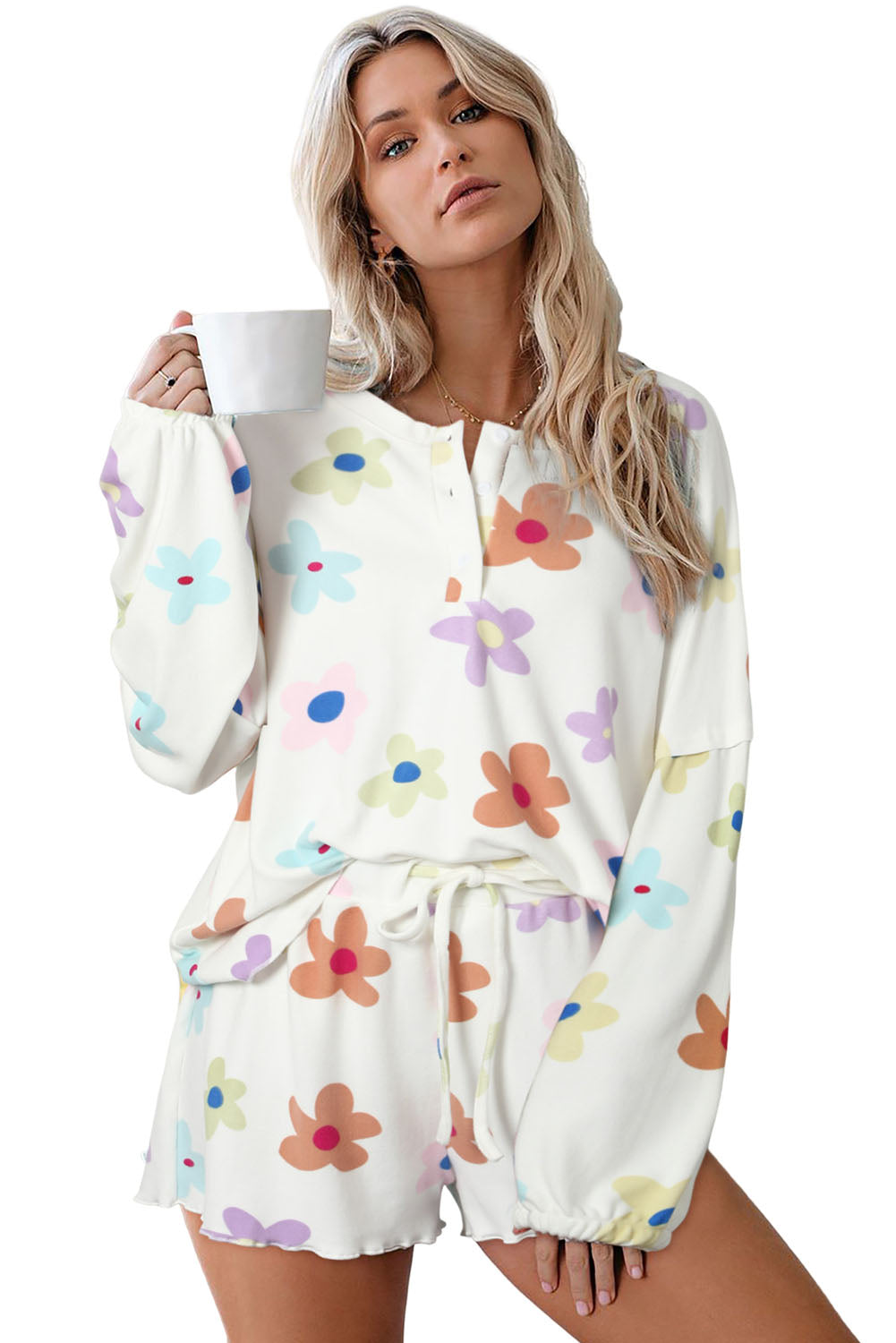 White Floral Long Sleeve Henley Top and Drawstring Shorts Set - Premium Loungewear from Momma Done Gone Crafty- Just $60.27! Shop now at Momma Done Gone Crafty