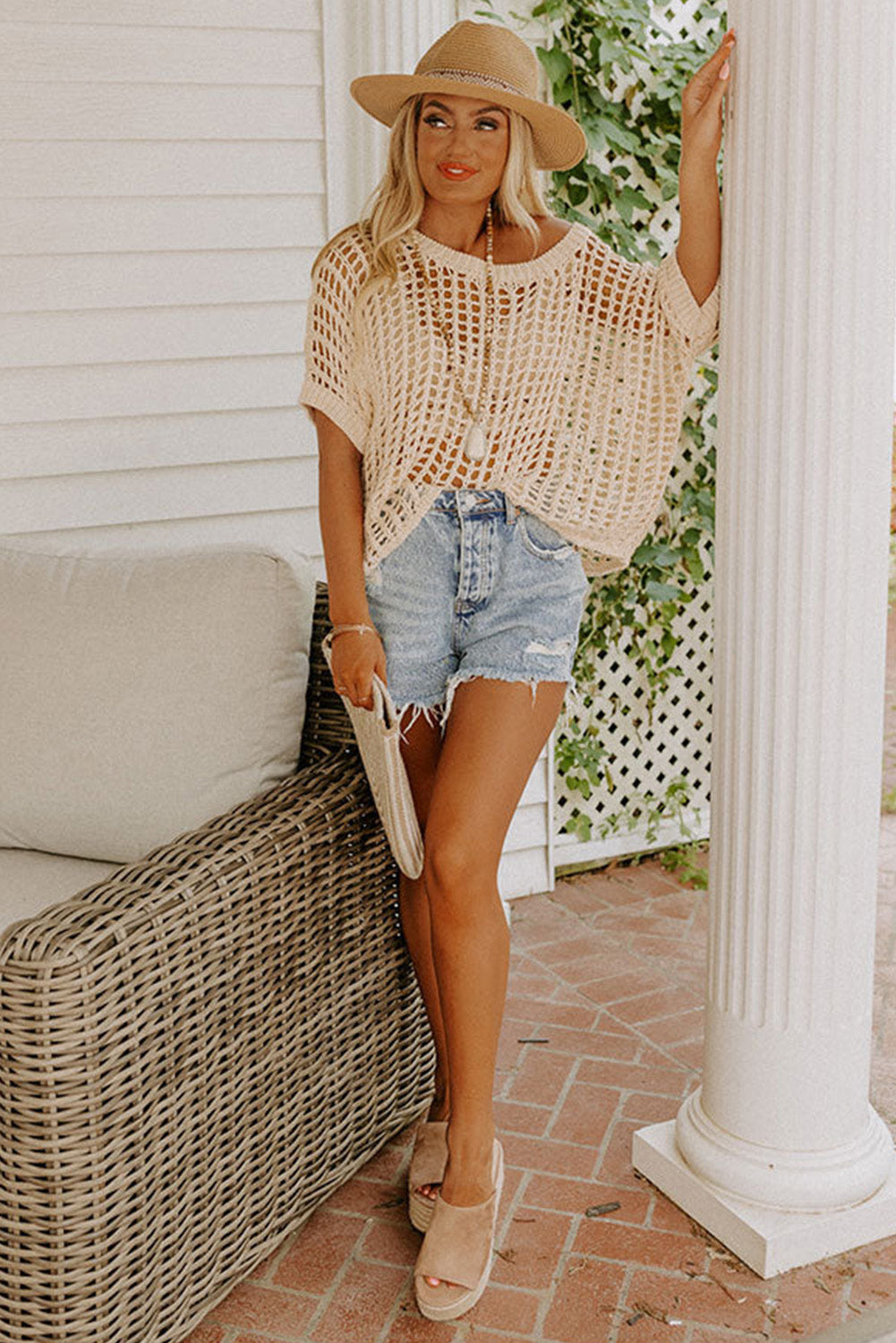 Apricot Fishnet Knit Ribbed Round Neck Short Sleeve Sweater Tee - Premium Tops from Momma Done Gone Crafty- Just $22.00! Shop now at Momma Done Gone Crafty