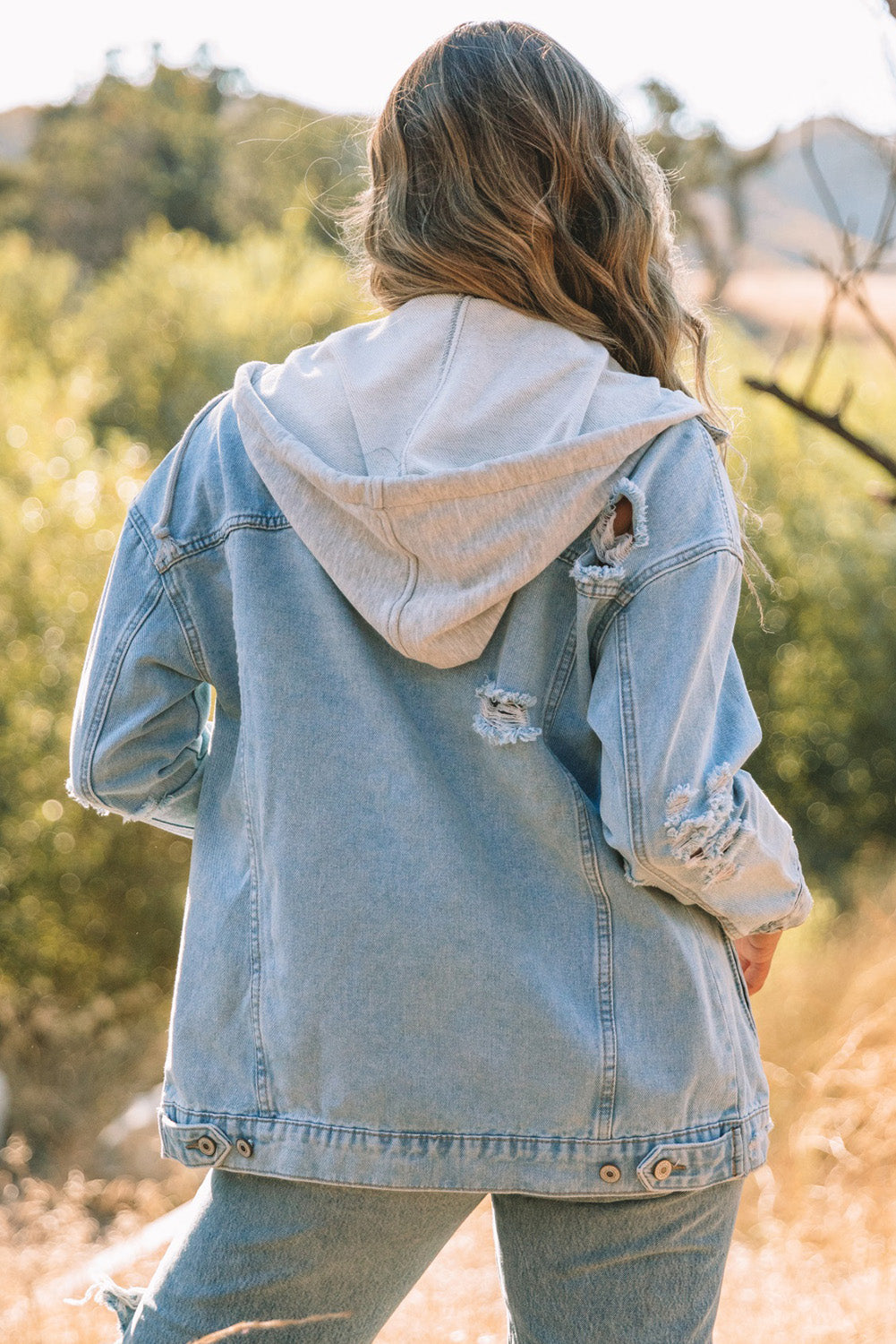 Sky Blue Button Closure Ripped Hooded Denim Jacket - Premium Outerwear from Momma Done Gone Crafty- Just $60.00! Shop now at Momma Done Gone Crafty