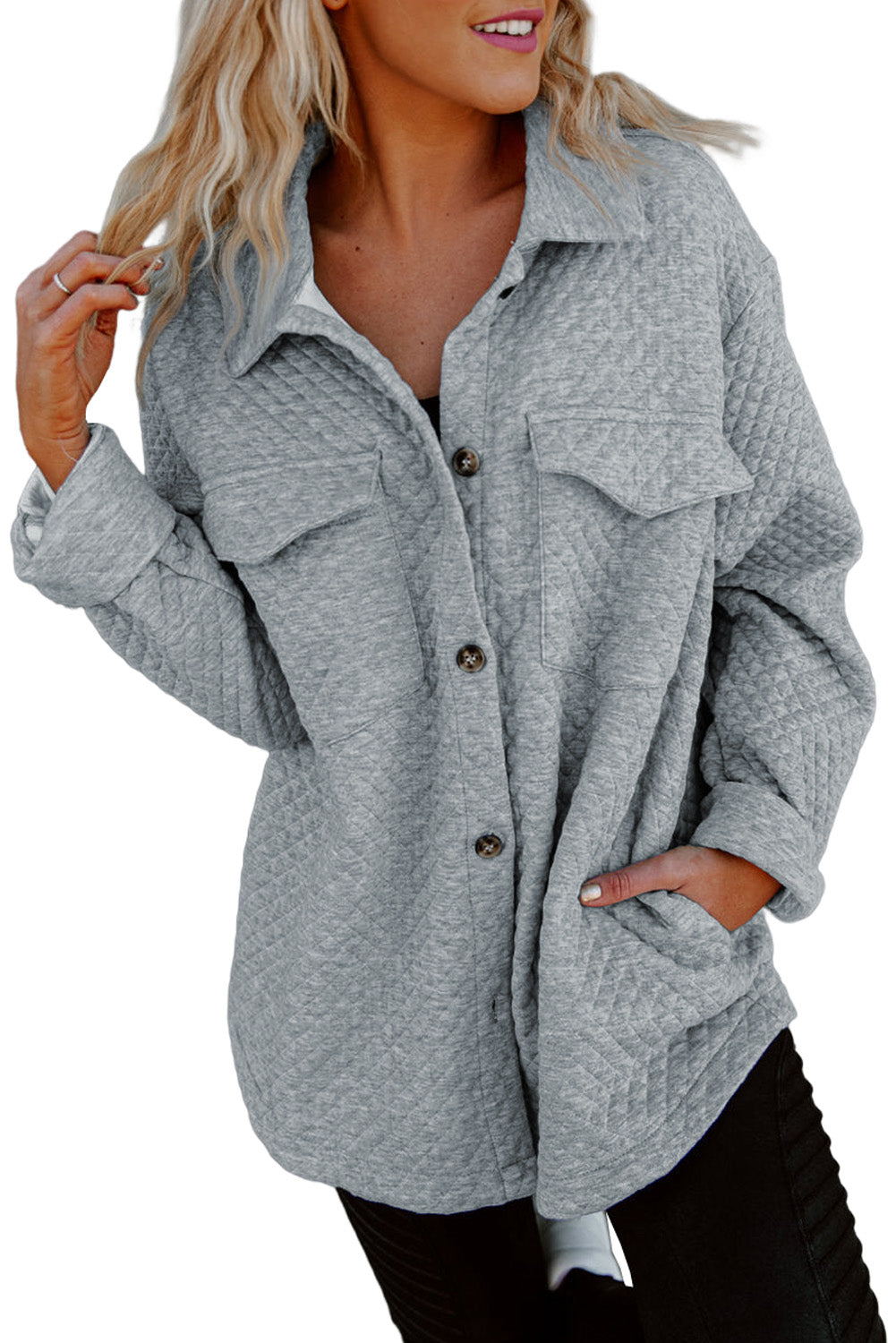 Gray Lattice Texture Retro Flap Pocket Button Shacket - Premium Outerwear from Momma Done Gone Crafty- Just $35.99! Shop now at Momma Done Gone Crafty