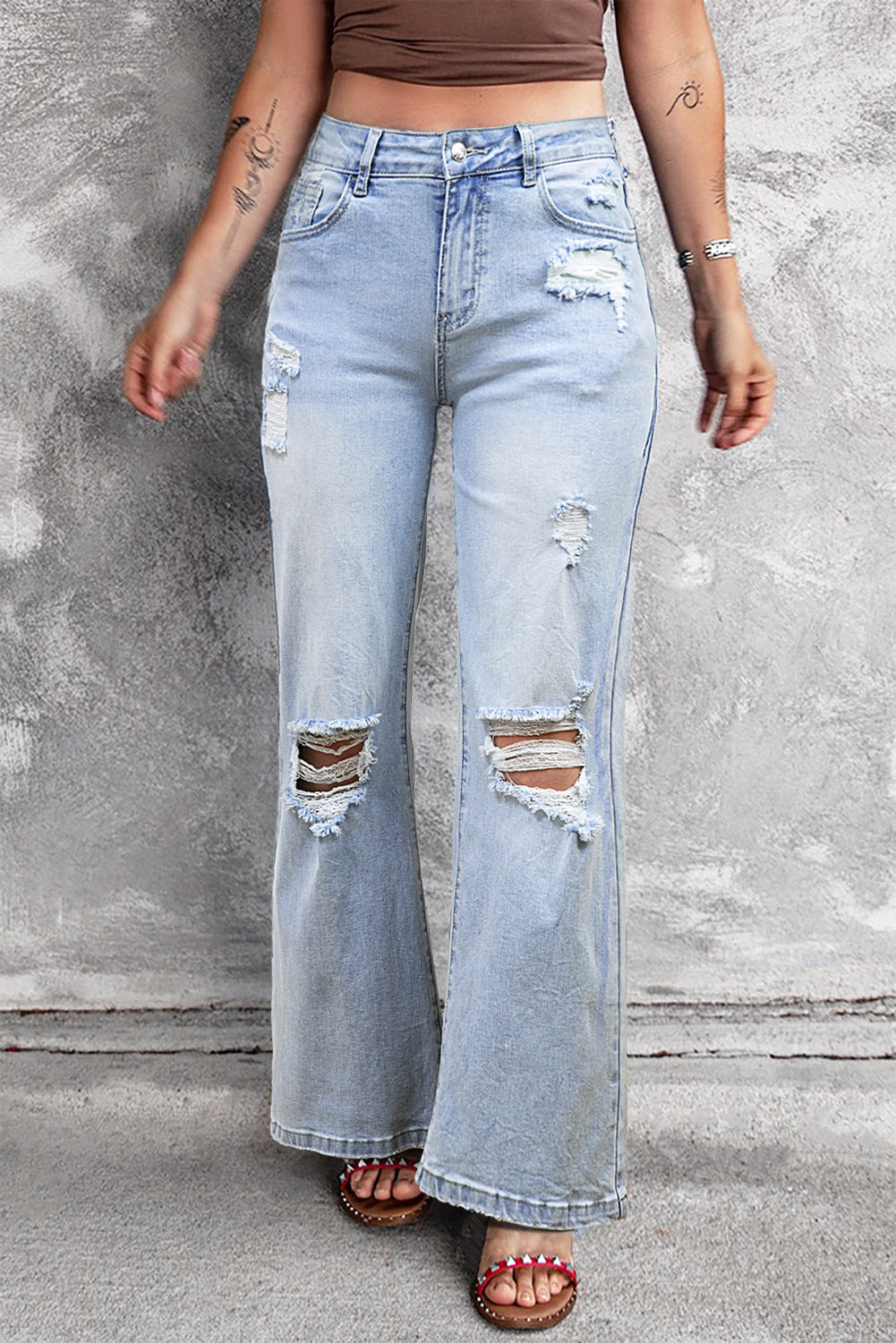 Beau Blue Vintage Light Wash Distressed Flare Jeans - Premium Bottoms/Jeans from Momma Done Gone Crafty- Just $66.99! Shop now at Momma Done Gone Crafty