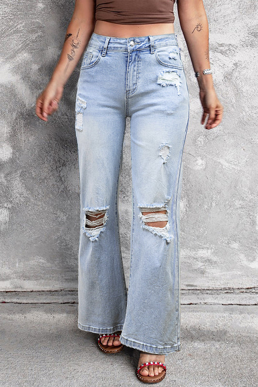 Beau Blue Vintage Light Wash Distressed Flare Jeans - Premium Bottoms/Jeans from Momma Done Gone Crafty- Just $66.99! Shop now at Momma Done Gone Crafty