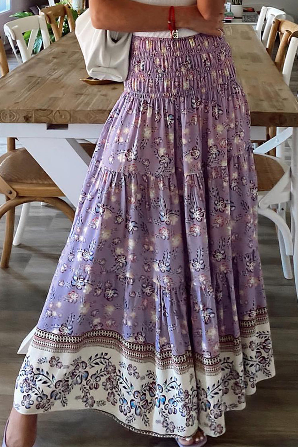 Purple Floral Print Shirred High Waist Maxi Skirt - Premium Bottoms from Momma Done Gone Crafty- Just $44.00! Shop now at Momma Done Gone Crafty